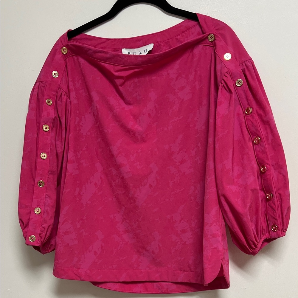Buru Vibrant Hot Pink Button Balloon 3/4 Sleeve Blouse NWT Small Medium